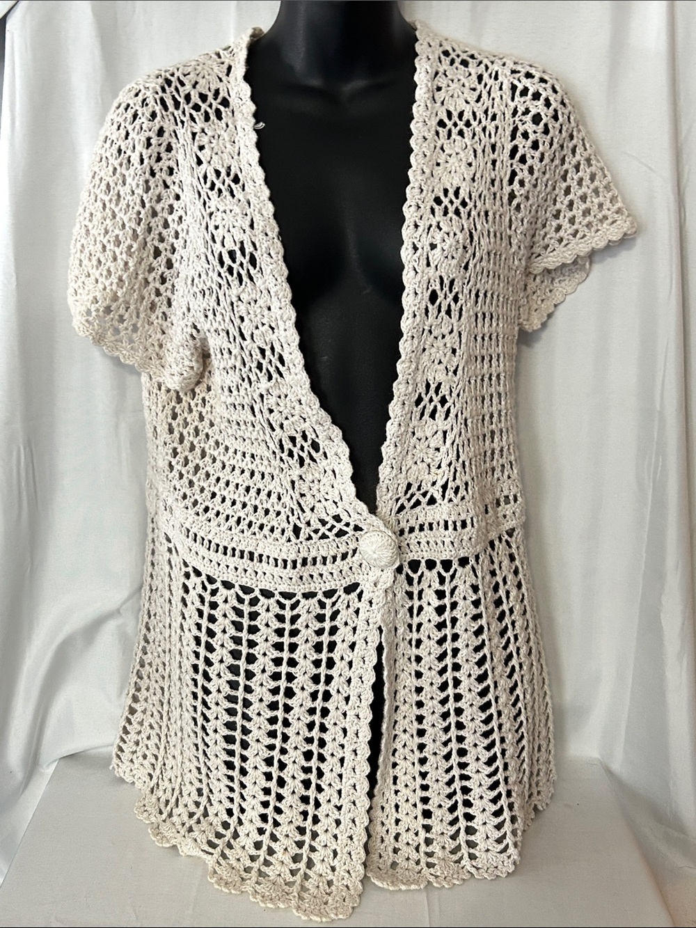 Christopher & Banks Cream Crochet Openwork Short-Sleeve Cardigan Size M - Picture 2 of 11